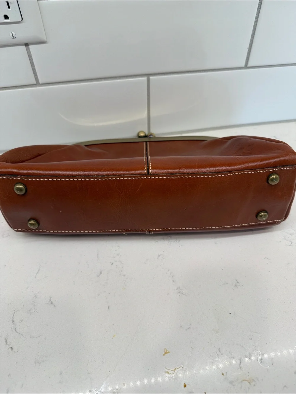 Patricia Nash Classic Brown Leather Kiss-Lock Clutch with crossbody chain